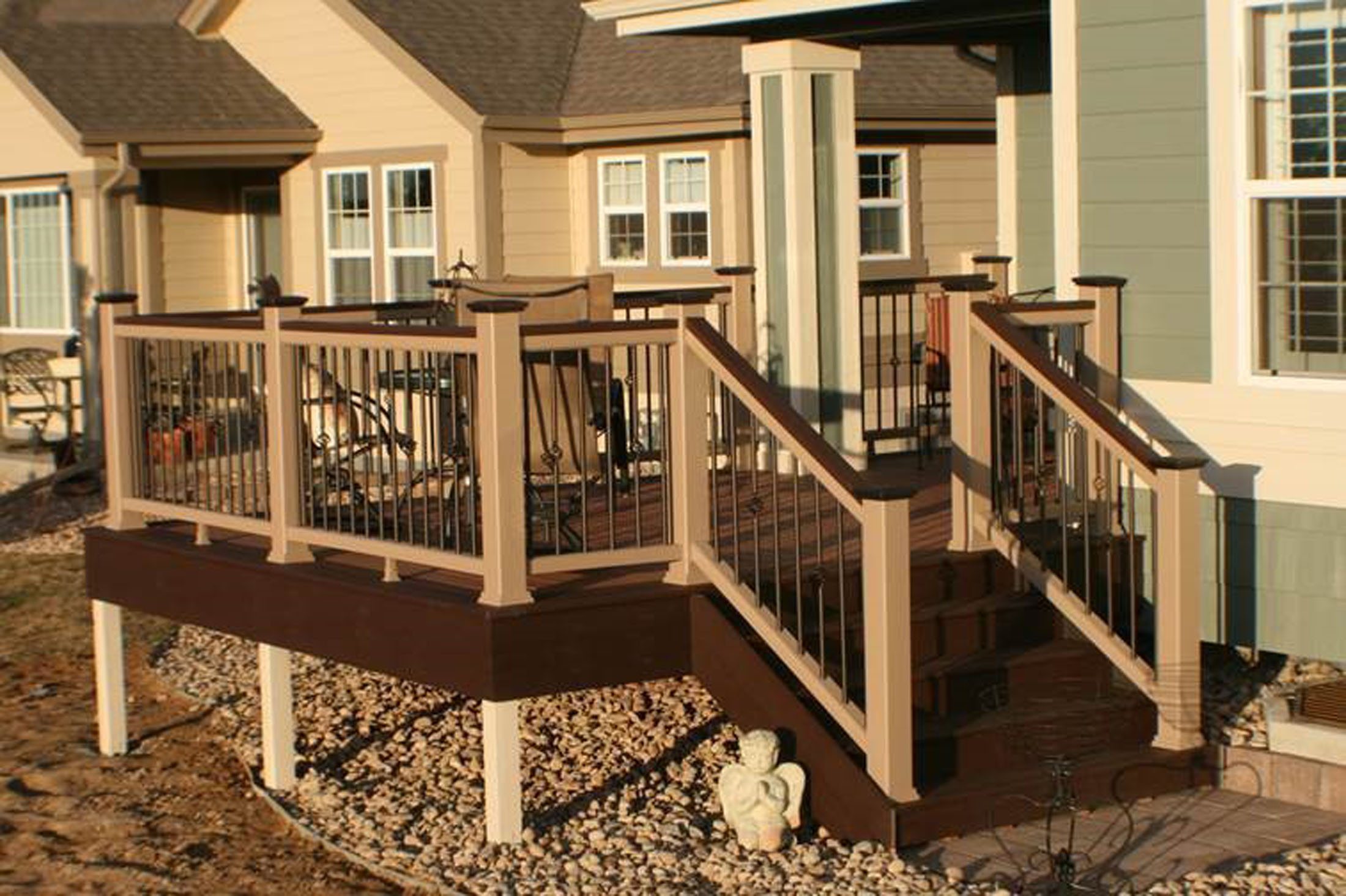wood deck with decorative post caps